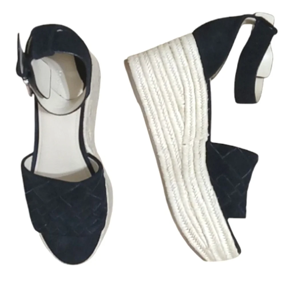 Marc Fisher Varin Espadrille Wedge Sandals Black Suede Open Toe Platforms Sz 8.5